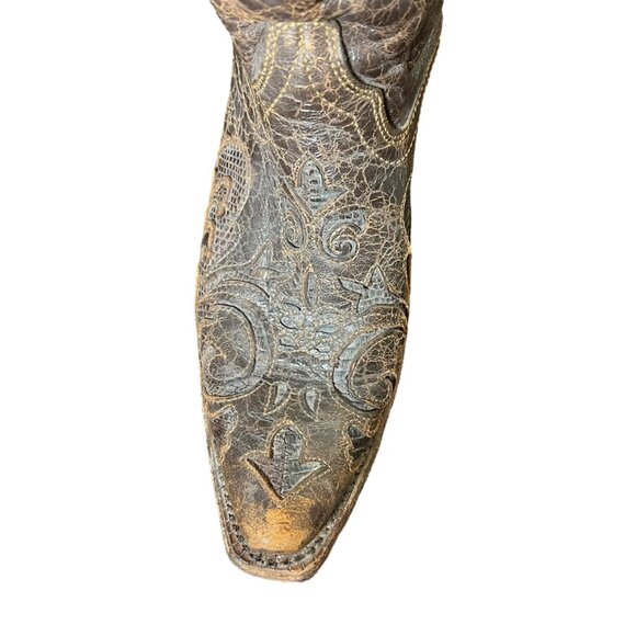 Corral Cowboy Boots Brown Exotic Goat Lizard Inlay Leather Pointed Snip Toe 8.5M - Picture 11 of 15
